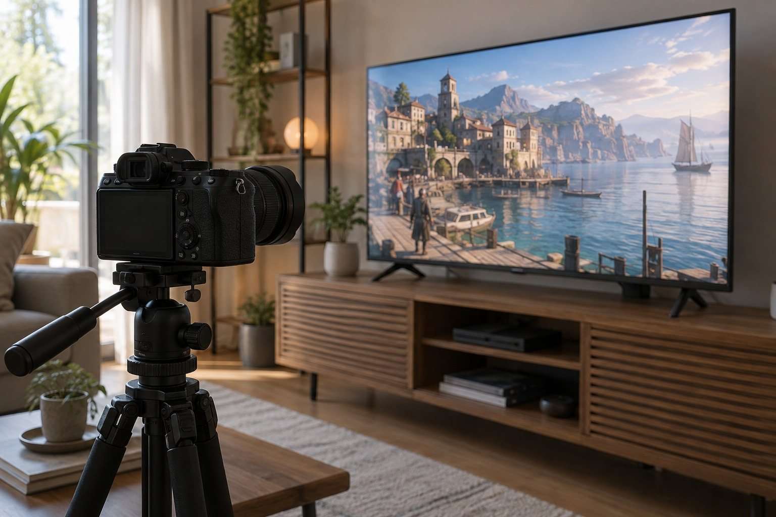 Efecto moiré al fotografiar una TV: cómo evitar ondas y colores extraños — Imagen 1 Cámara en trípode frente a un televisor que muestra un puerto ficticio de un videojuego.