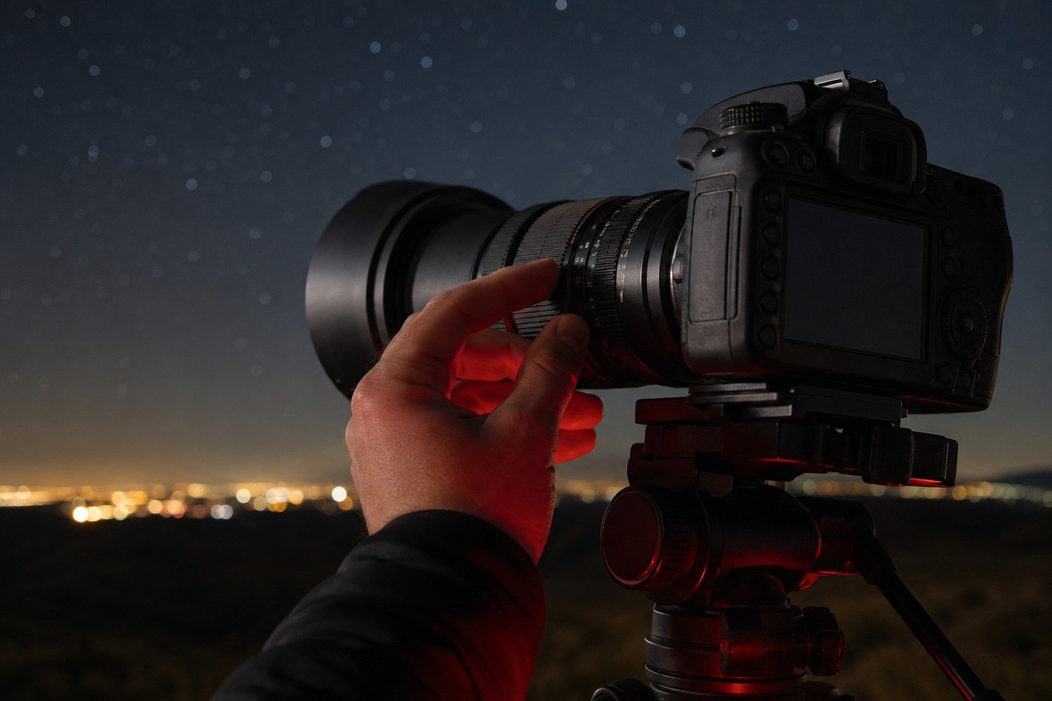 Mano ajustando el enfoque de una cámara nocturna sobre trípode